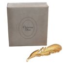 Authentic Christian Dior Rhinestone Feather Motif Brooch Gold Tone CD Box 2342J