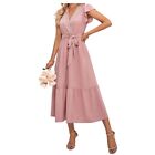 Women Short Sleeve Lace V-Neck Tiered Flared A-Line Midi Flowy Dress with Belt