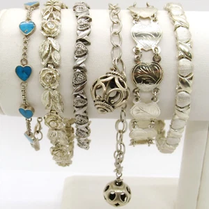 Lot of 6 Sterling Silver .925 Heart Panel Blue Turquoise Roses Ball Bracelets - Picture 1 of 6