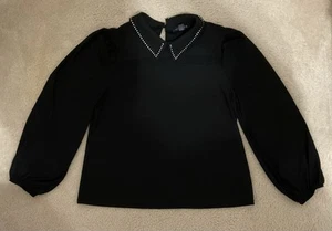 A Love Story Black Top XL Sheer Fabric Accent Rhinestone Studded Collar Stretchy - Picture 1 of 9