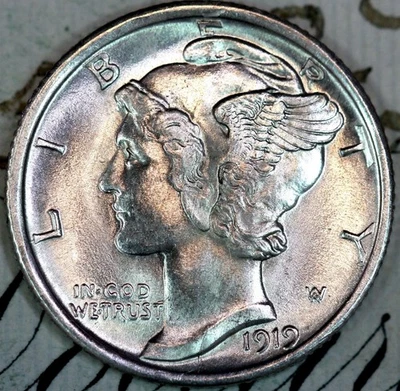 Moneda de diez centavos de plata mercurio 1919-D prístina + gema BU MS DC174 de Matthews Hoard Foto 1 de 3