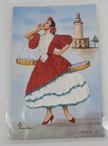 Lady in Silk Embroidered Red Dress Malaga Artist Signed Madrid Spain Postcard - Picture 1 of 4