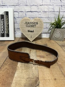 Calvin Klein Brown Leather Asymmetrical Wide Chain Trim Belt Size Large - Picture 1 of 11
