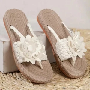 Orthopädische flache Damen-Flip-Flops mit Blumen, geblümte Slipper offene Zehenpartie Strand-Hausschuhe - Bild 1 von 19