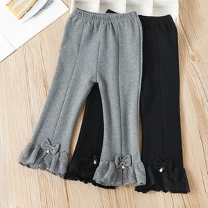 Kids Baby Girls Pants Trousers Bell Bottom Flared Leg Lace Trim Ruffle Casual - Picture 1 of 11