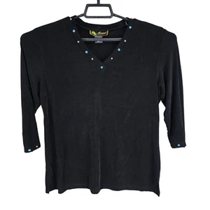Womens Black Mirasol Blouse Top Beaded V Neck 3/4 Sleeve Acetate Stretch Size L - Picture 1 of 7