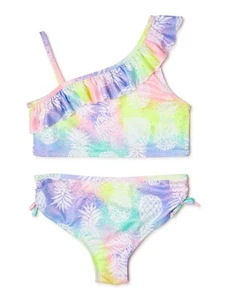 PINK PLATINUM Rainbow Pineapple Print Ruffle 2-Piece Bikini Swimsuit 5/6 XS NEW - Picture 1 of 1