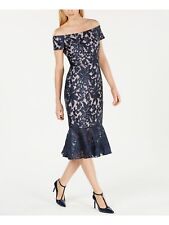 Calvin Klein off The Shoulder Sheath Dress Floral Lace Midi Indigo Blue Size 6