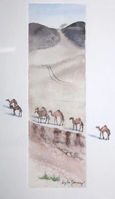 Original Watercolor Painting CAMELS Signed Custom Wood Frame - Image 1 of 3