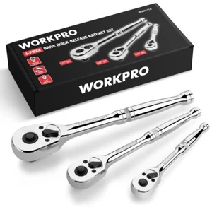 WORKPRO 3PC Set Cricchetto Sgancio Rapido Reversibile 72 Denti 1/4" 3/8" 1/2" Unità - Foto 1 di 9