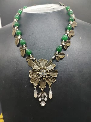Antiqued Brass Rhinestone Floral Aventurine Necklace Artisan - Image 1 of 4