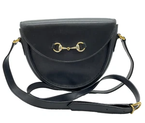 Auth Gucci Horsebit Leather Black 001.169.1069 Semicircle Shoulder Bag NS061207 - Picture 1 of 22