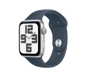 Apple Watch SE 2nd Gen 44mm Silver Case w/ Storm Blue Sport Band M/L MREE3LL/A - Zdjęcie 1 z 5