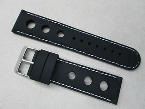 22mm black silicone rubber racing watch band strap stitched in white - Picture 1 of 4