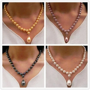 Natural 8mm Round Shell Pearl 12x16mm Teardrop Pendant Necklace 18'' (Not Pearl) - Picture 1 of 10