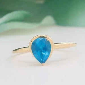 Pear Blue Apatite Solitaire Ring 10K Yellow Gold 1.00 CT Size 7.25 - Picture 1 of 7