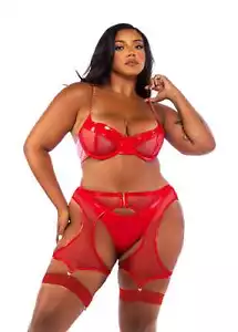 Sujetador, gorras y tanga bragas lencería talla roja de charol sintético y malla - Imagen 1 de 11