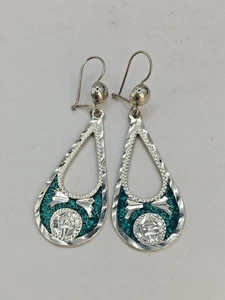 Sterling Silver 925 Mexico Earrings Teardrops Blue Inlay 5cm Drop 6.2g J22 P667 - Picture 1 of 11