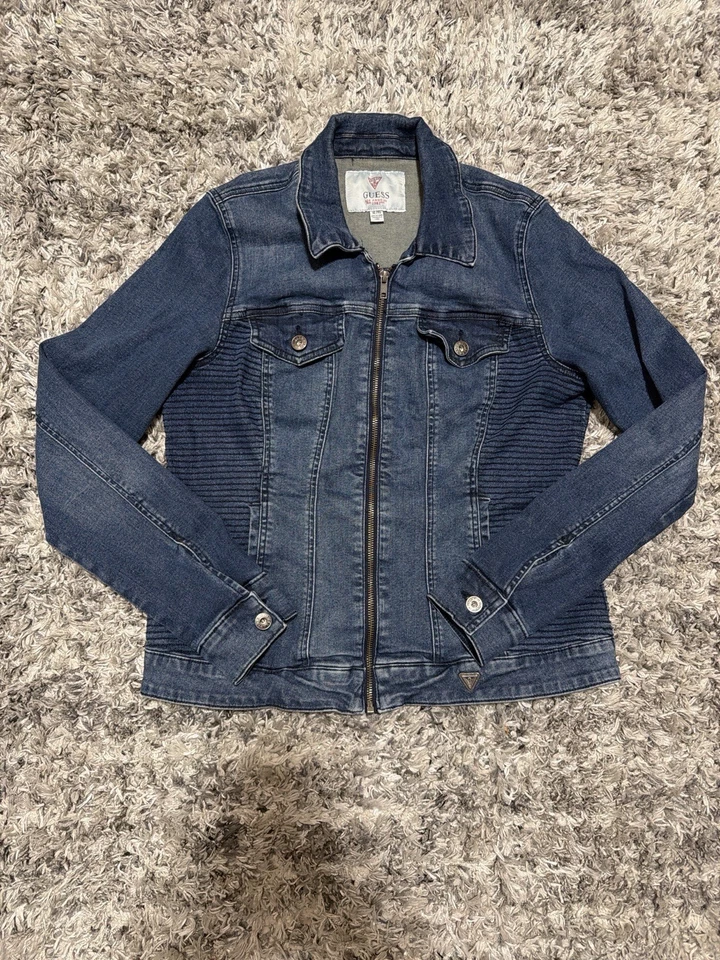 Chaqueta de moto vaquera Guess para mujer XL lavado medio cremallera frontal elastizada paneles acanalados Foto 1 de 4