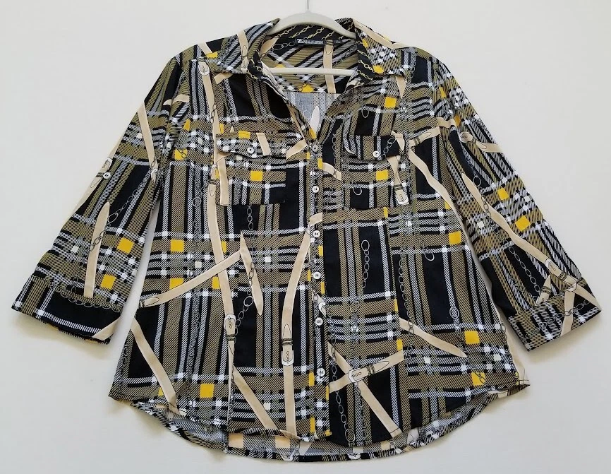 Camisa abotonada New York & Company para mujer grande L a cuadros cinturones cadenas manga 3/4 Foto 1 de 4