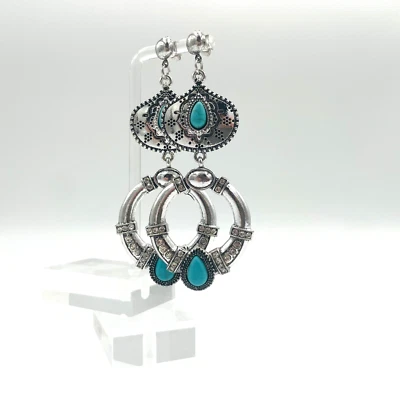 Pendientes Gruesos Tono Plateado 4" Moda Cuelgan con Turquesa/Estrás Boho Chic Foto 1 de 4