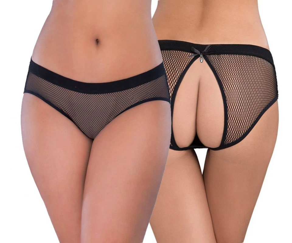 Hot Damen Netz Slip Offen Popo Panty Reizwäsche mit Schleifchen Strass S/XL - Bild 1 von 3