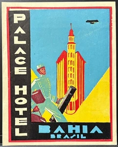 PALACE HOTEL BAHIA BRASIL~POSTER STYLE LUGGAGE LABEL~BELLHOP CARRIES BAGS~BRAZIL - Picture 1 of 2