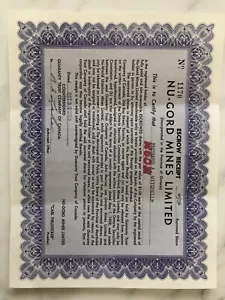 Stock Certificate Nu - Gord Mines Limited 1959 Ontario Canada James Richardson - Picture 1 of 4