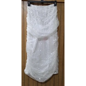 Pretty Little Thing Sequin Corset Dress Women 8 White Bodycon Ruched Party Prom - Picture 1 of 8