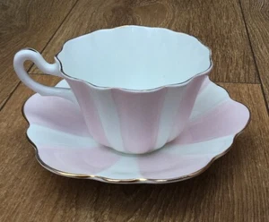 Royal Stuart Spencer Stevenson Pink White Candy Stripe Harlequin Tea Cup Saucer - Picture 1 of 12