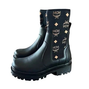MCM Col VST Knit Ankle Chelsea Boots Leather Monogramed Lug Sole NEW EU 36 US 6 - Picture 1 of 10