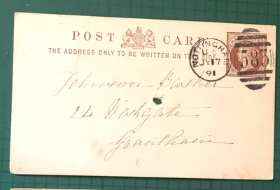 GB QV 1/2d prepaid postcard Nottingham 583 Duplex  JY 17 1891 - Image 1 of 2