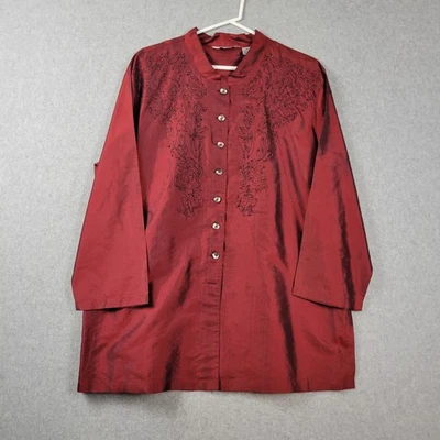 Túnica feminina Stonebridge mistura de seda vermelha floral bordada LS botão GG - Imagem 1 de 4