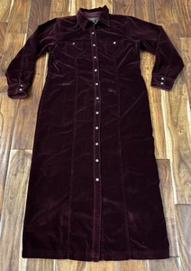 VTG 90s Eddie Bauer Velvet Shirt Dress Burgundy Western Boho Prairie Size Large - Picture 1 of 9