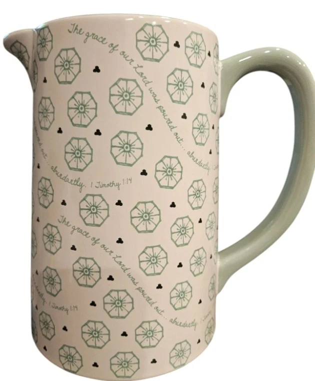 MARY & MARTHA Pitcher "Grace of the Lord" Green White Glazed 30505 8"Hx7"W 2016