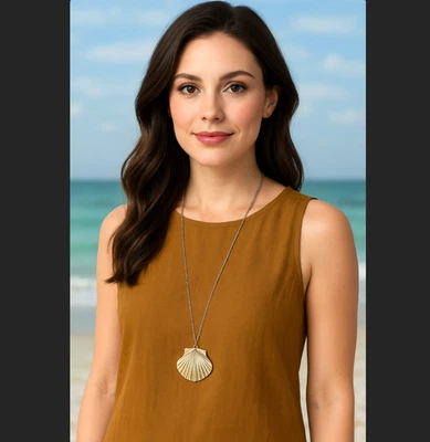 J. Jill Shell Necklace Island Air Pendant Mixed Metal Gold Silver Scallop Ocean - Image 1 of 4