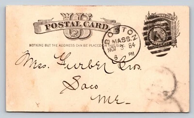 c1884 Postal Card 1c BOSTON MA To SACO ME Business FURBER BROS Duplex A Cancel - Image 1 of 3