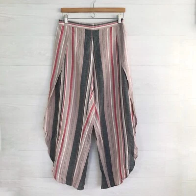 Drew - Red blue multicolor stripe linen blend Tulip pants, M - Image 1 of 4