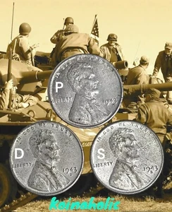 1943 P D S Lincoln Steel Wheat Cent Penny Set AVE CIRCULATED **FREE SHIPPING* - Picture 1 of 8
