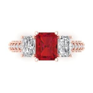 4.26 Emerald Cut Simulated 3 stone Ruby Promise Wedding Ring 14k Rose Solid Gold