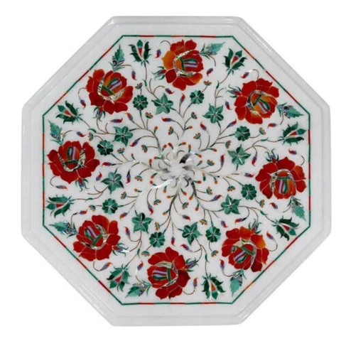12" marble Inlay corner Side table top semi precious stones Handmade work Cover