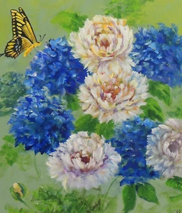 8x10 Tiger Swallowtail Butterfly & Peonies & Hydrangeas blue & white - Picture 1 of 1