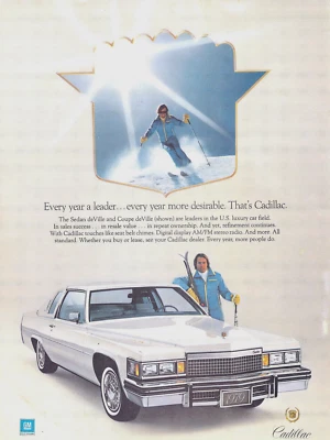 Anuncio impreso 1979 GM Cadillac De Ville blanco sobre blanco azul vestido esquiador vintage Foto 1 de 3