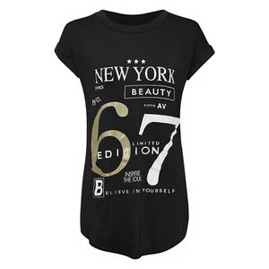 WOMENS SHORT SLEEVE BLACK T-SHIRT LONG WITH NEW YORK PRINT - Picture 1 of 2