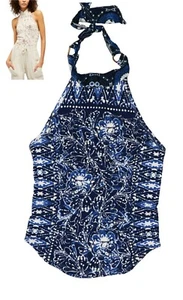 Free People Madagascar Printed Halter Tie Neck Sleeveless Women's Top NWT Indigo - Picture 1 of 1