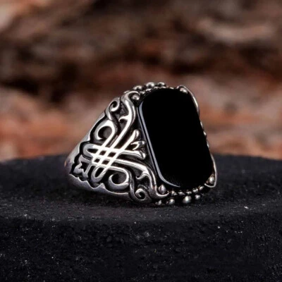 Solid 925 Sterling Silver Natural Gemstone Black Onyx Unique Men's Ring Gift - Image 1 of 4