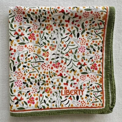 VTG Handkerchief Beige Cotton Green Small Leave & Orange Floral Hanky Scarf 19" - Image 1 of 3