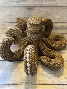 Rattan Wicker Rope Octopus Sculpture Seashells Coastal Nautical Boho 15x6.5” - Picture 1 of 8
