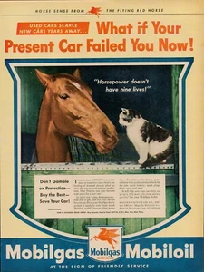 1944 Oil Gas Mobil Vintage Print Ad Horse Cat Kitten Horsepower Nine Lives Barn - Picture 1 of 9