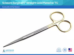 Scissors Surgical 5" Straight Gold Plated Handle Tungsten Carbide ARTMAN - Picture 1 of 9